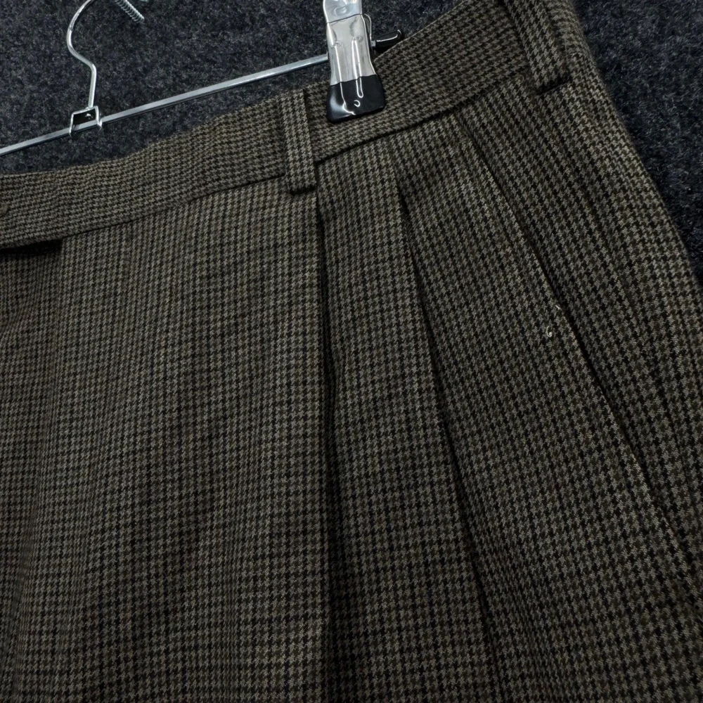 Brooks Brothers Men 34 Brown Houndstooth Wool Cashmere Pleated Cuff Pants Italy